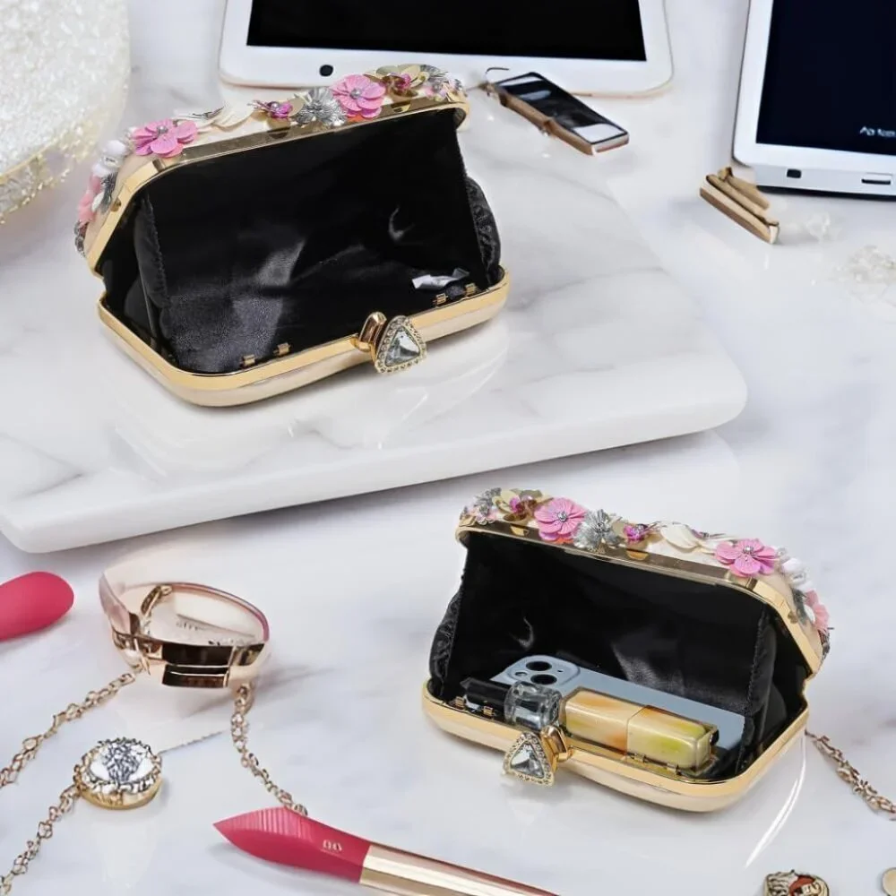 Beaded Floral Evening Clutch Satin Bag Guest Party Wedding Accessories
